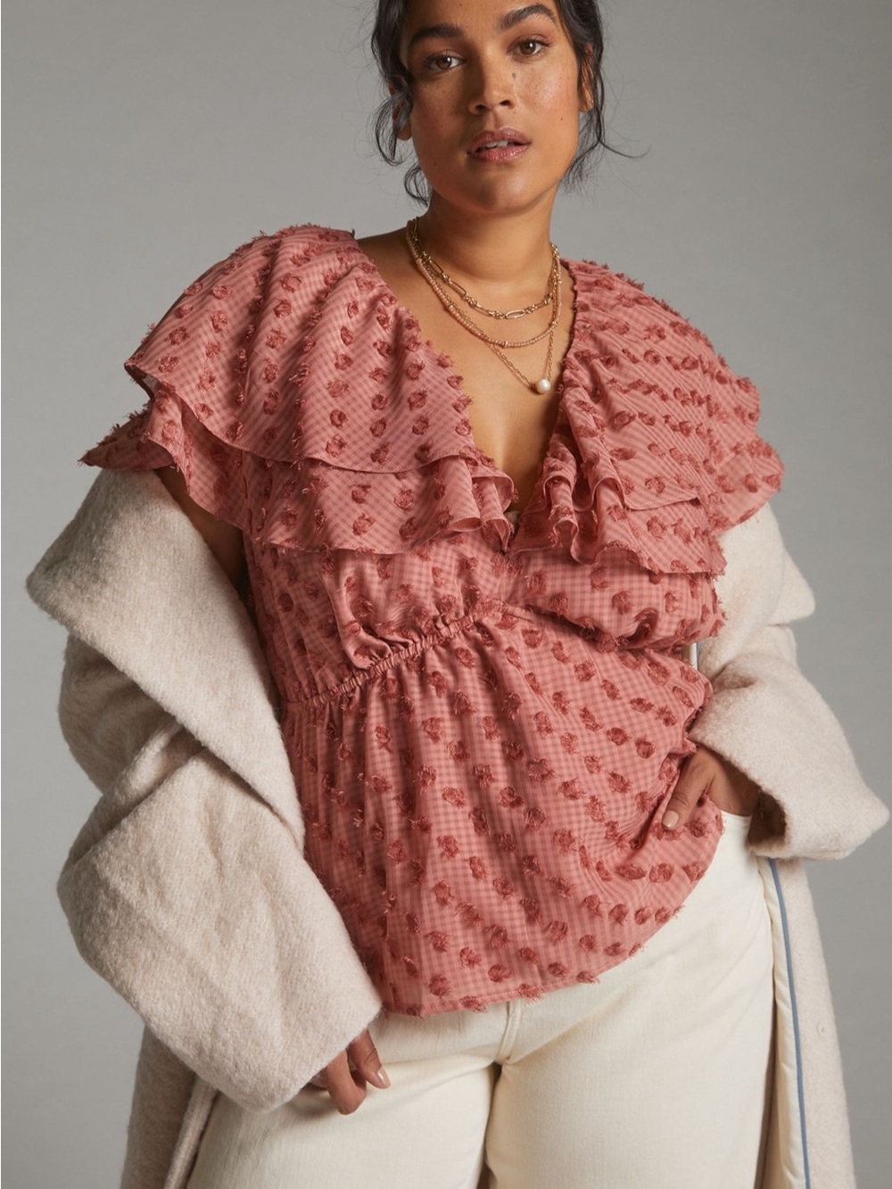 Anthropologie Flat White Textured Ruffle Blouse in Pink Sz. MP